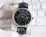 Replica Longines Black Dial Silver Case Black Leather Strap Watch 42mm